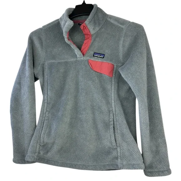Patagonia Re-Tool Fleece 1/4 Snap-T Pullover Gray Aurea Pink Trim Women's Medium - Picture 2 of 12